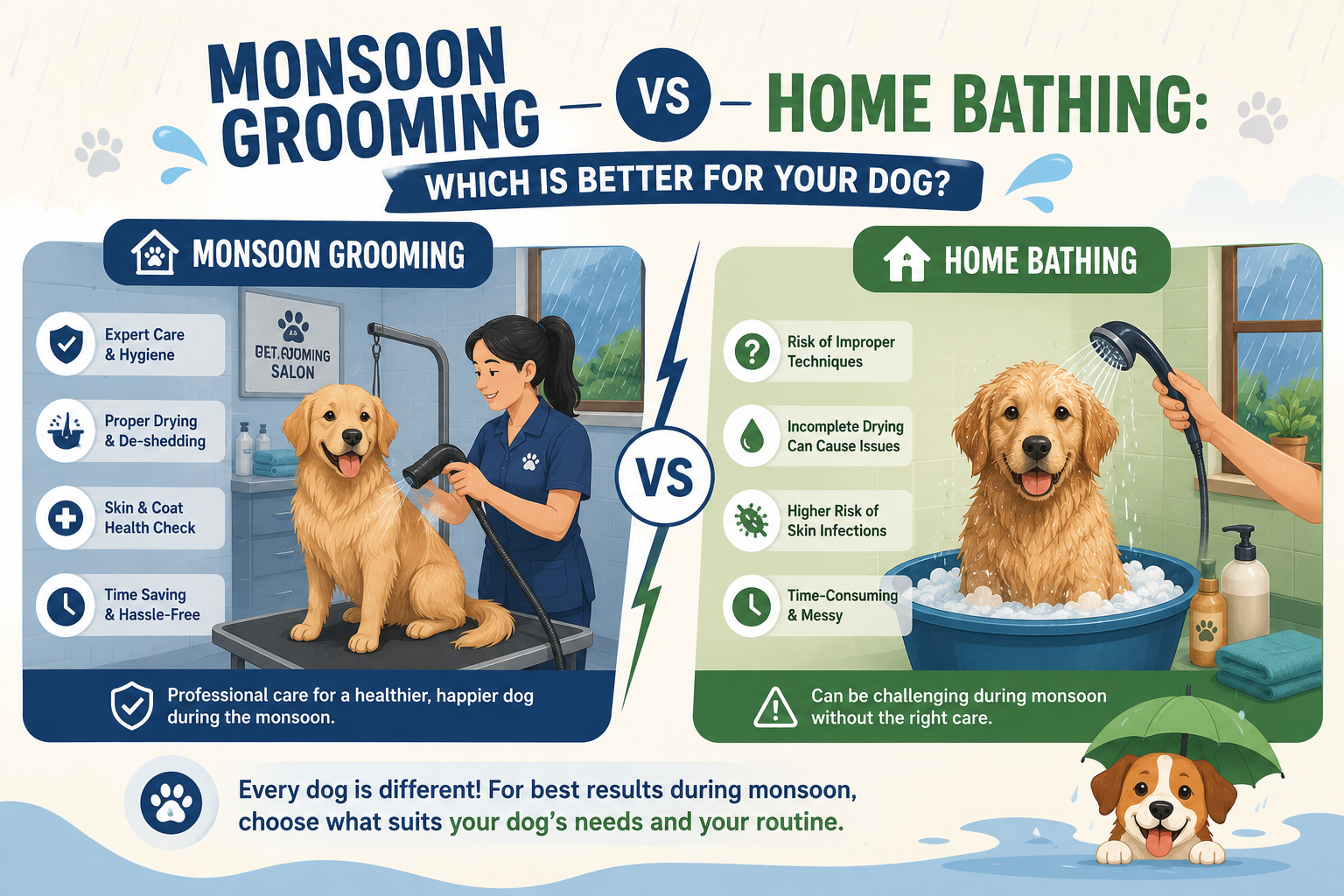 Monsoon Grooming vs Home Bathing: Which Is Better for Your Dog?