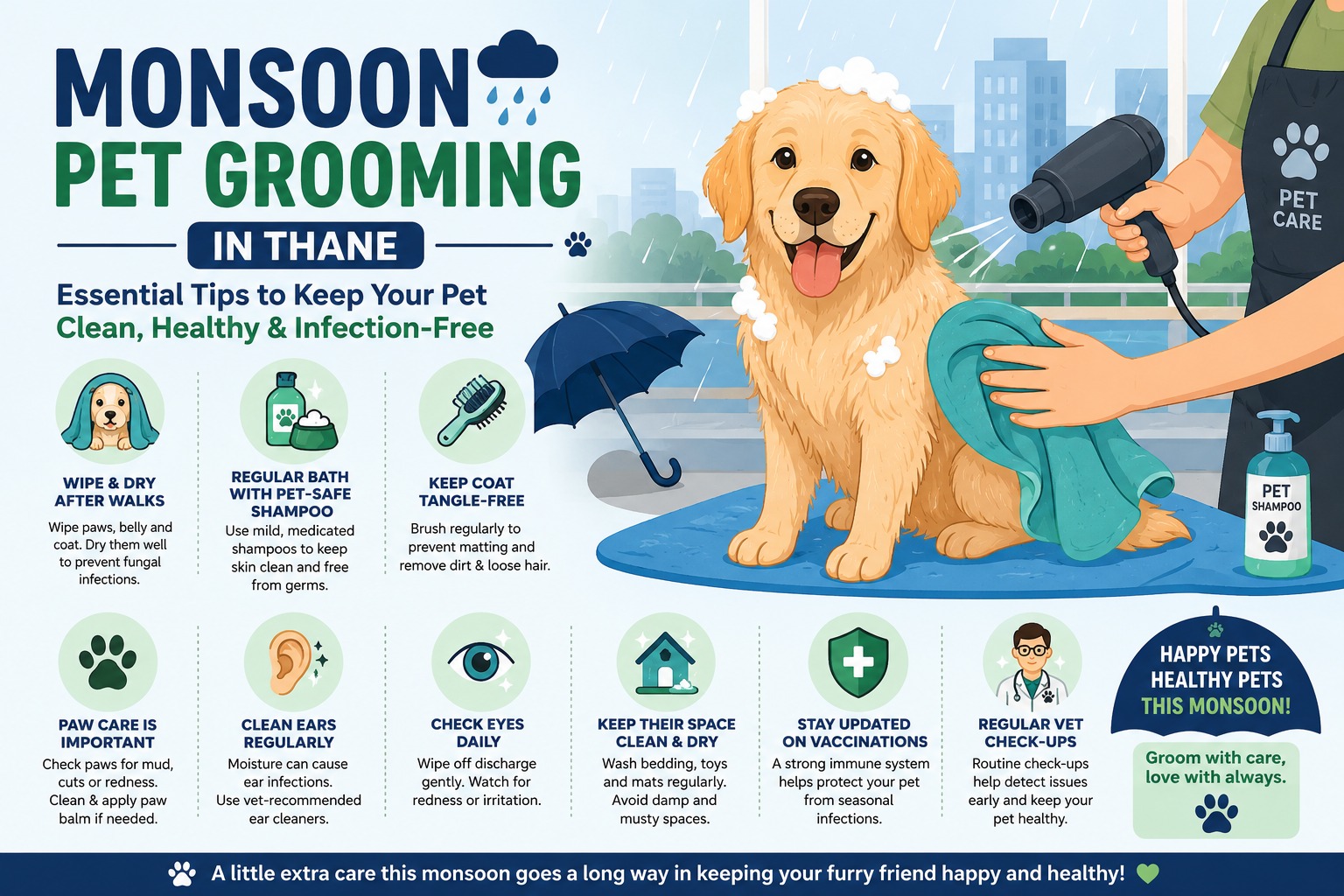 Monsoon Pet Grooming in Thane: Essential Tips to Keep Your Pet Clean, Healthy & Infection-Free